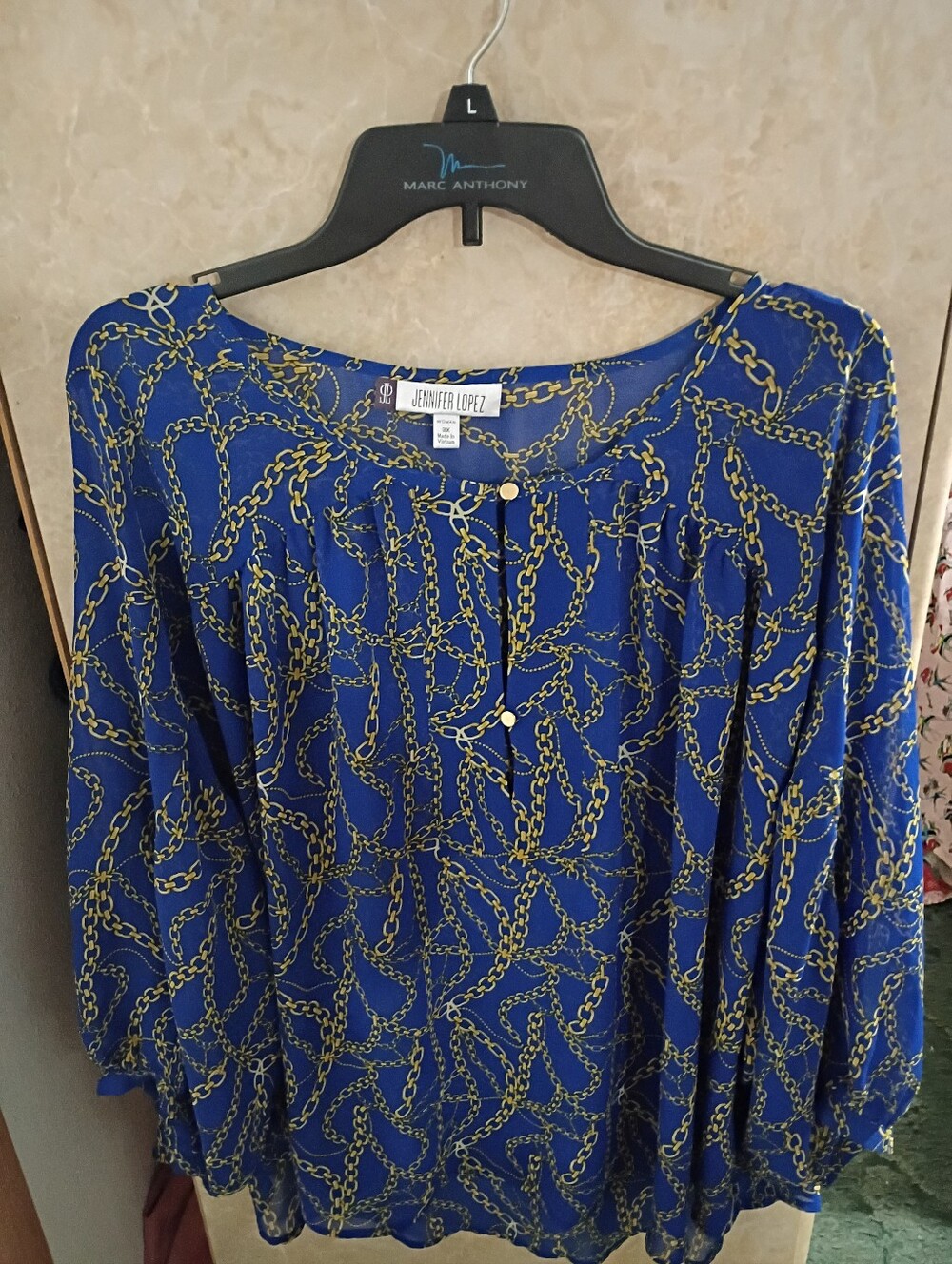Jennifer Lopez Royal Blue Chain-Print Button Front Blouse